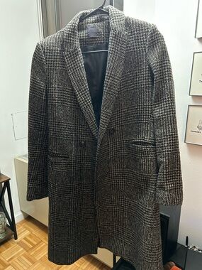 Promod Black & Cream Textured Plaid Coat